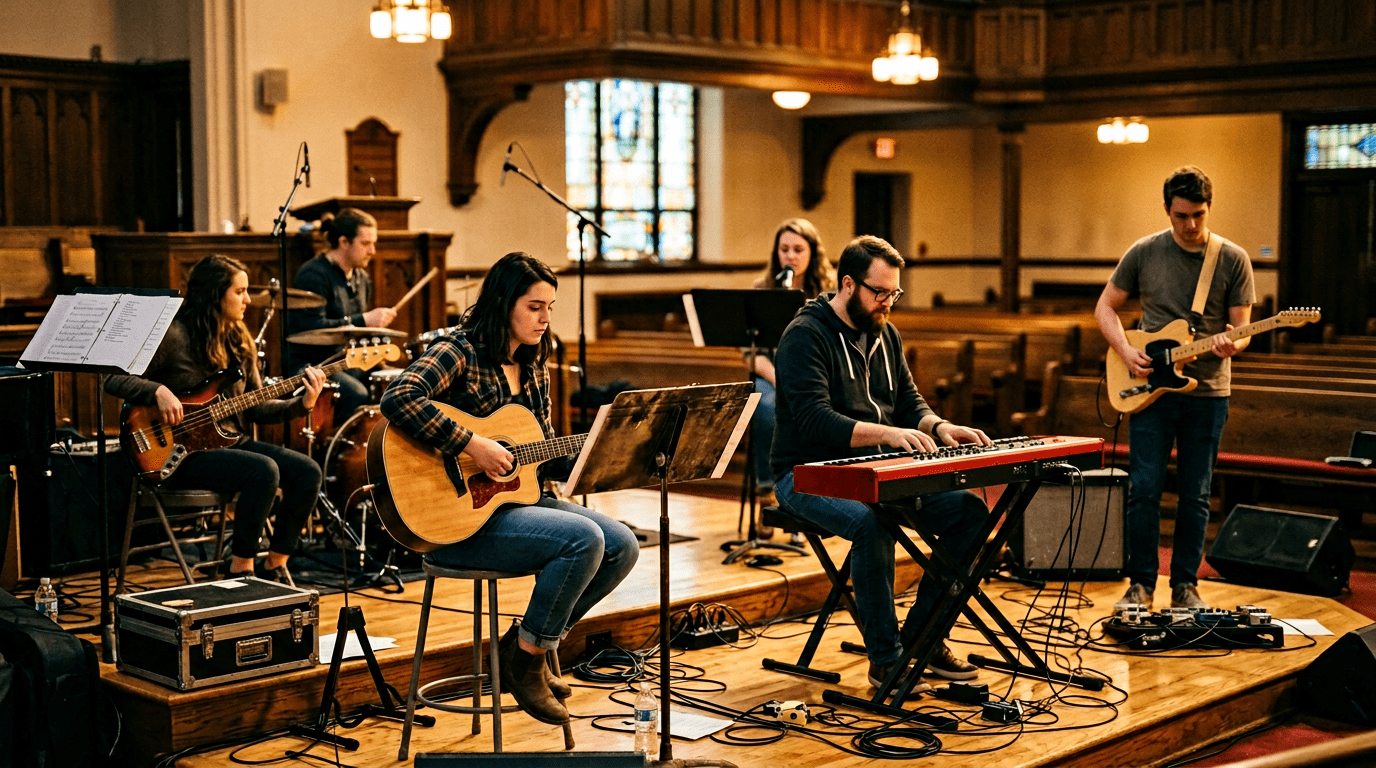 Worship team rehearsing together in a church with guitars and keyboards