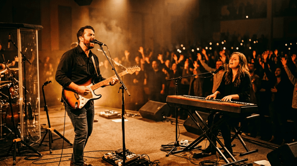 Worship songs about strength - worship band performing on stage with warm lighting